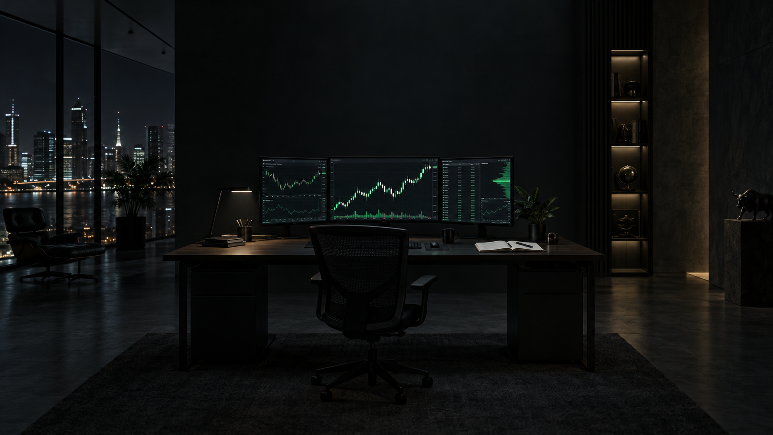 Trading desk with charts and a risk notebook